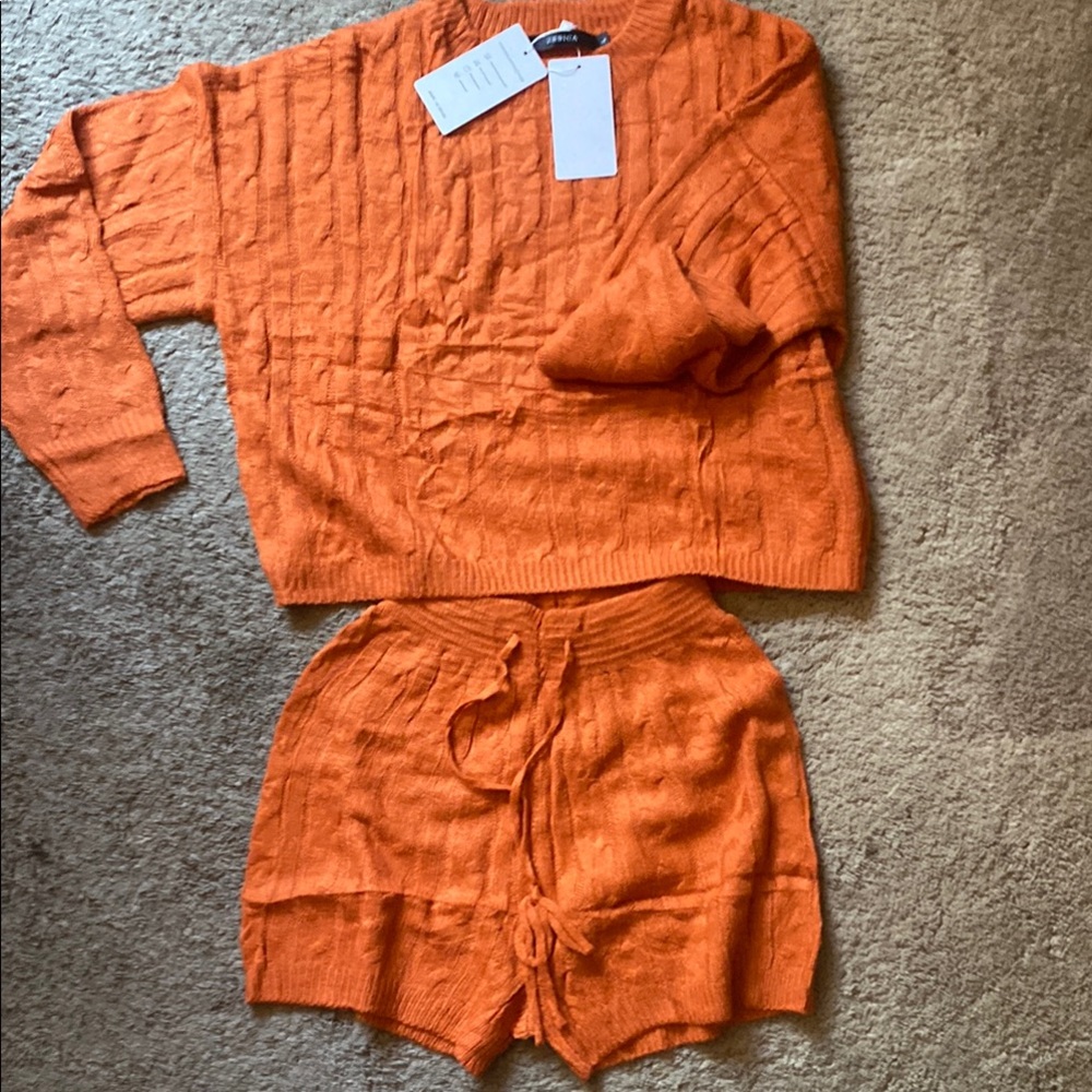Orange Knit Lounge Set soft shorts and long sleeve